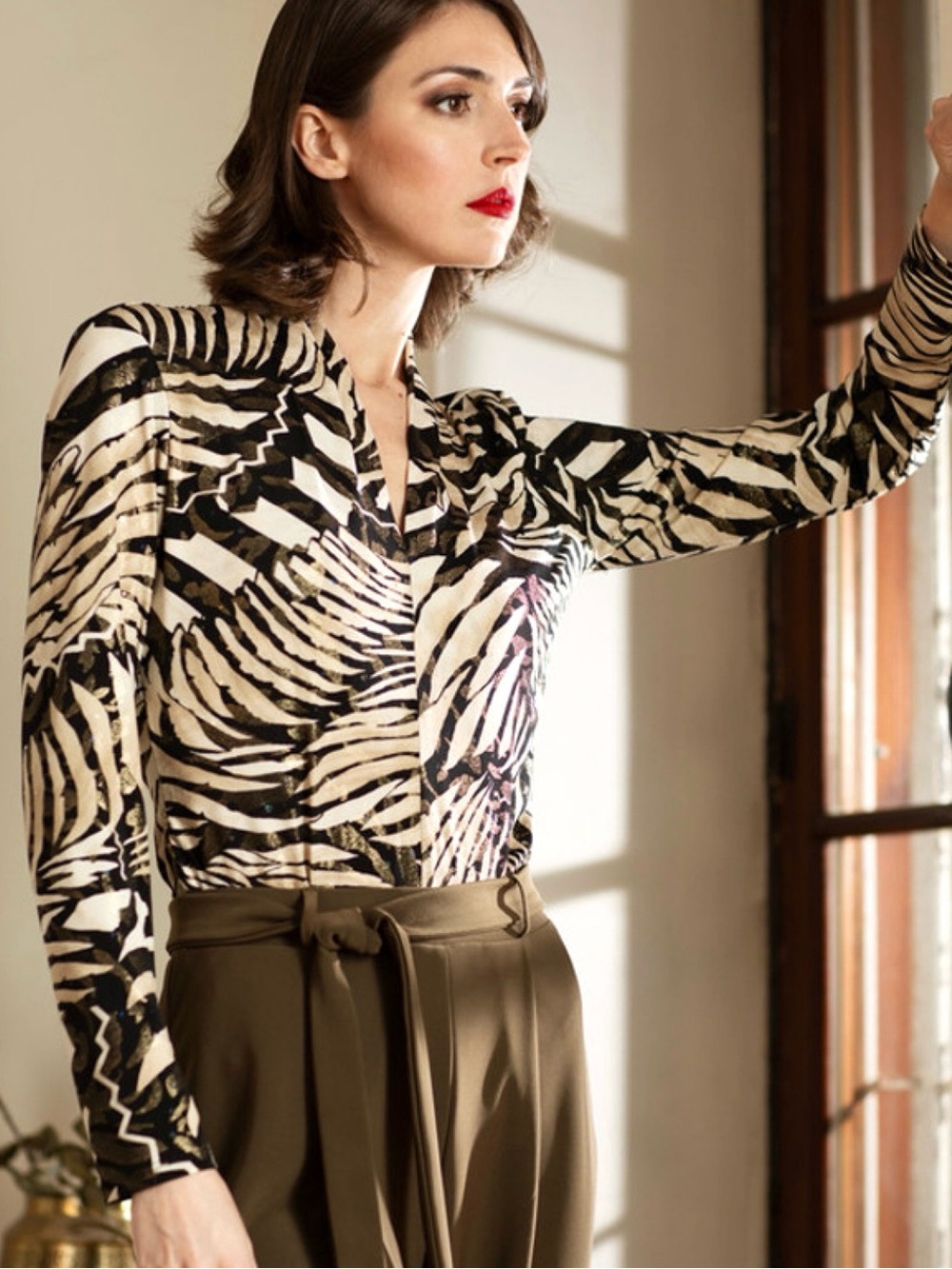 Joseph Ribkoff Metallic Shimmer Zebra Animal Print Blouse Long Sleeve V-Neck